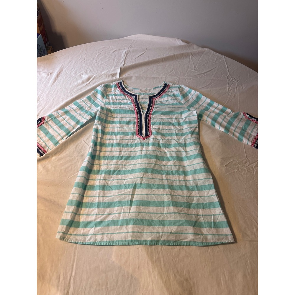 Mud Pie Tunic Top Womens Medium M Mint Green White Striped Embroidered Excellent